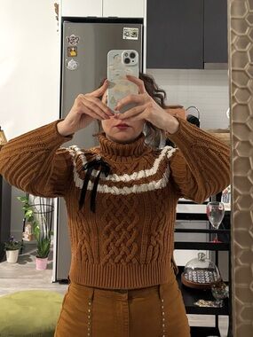 Maeve (Anthropology)Brown Cable Knit Turtleneck Sweater … cropped